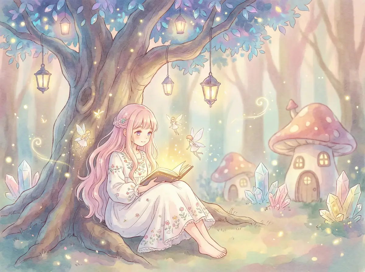 萝莉吧 - 魔法森林中阅读故事书的粉发少女与精灵